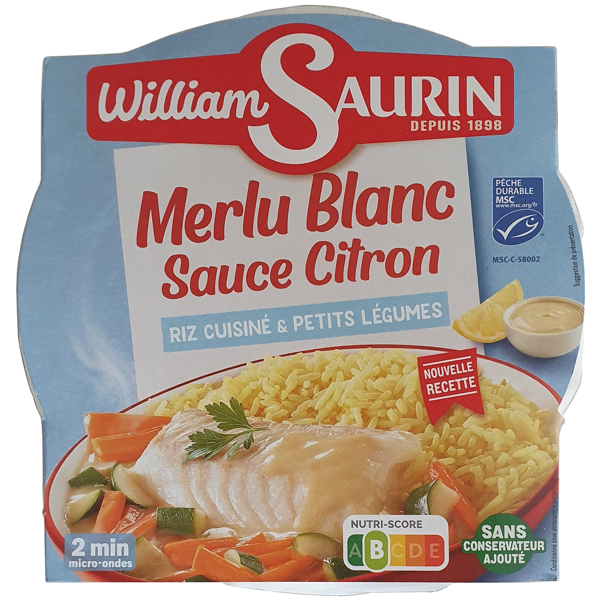 William Saurin Mikrowellengericht Weißer Seehecht mit Zitronensauce, Reis und Gemüse 300g Schale